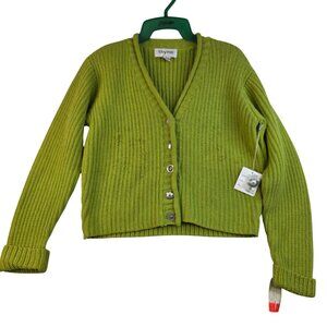 Thyme Vintage 90s Knit Cardigan Small Ribbed Roll Collar Silver Metal Button
